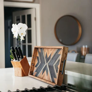 Rustic Handmade <b>Wooden</b> <b>Serving</b> Tray with Metal Handles Farmhouse Breakfast Coffee Table Tray Solid Wood <b>Serving</b> <b>Platter</b> - Product Image 1