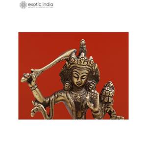 Exótica escultura india de latón de 4 pulgadas de la divinidad budista tibetana Manjushri, hecha a mano en India, modelo ZDZ856 - Product Image 3