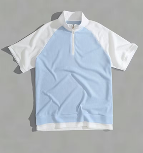 Men's New Summer <b>Waffle</b> Knit POLO <b>Shirt</b> Casual Loose Fit Breathable Short Sleeve Zipper Half-Open Placket Color Block Patchwork - Product Image 4