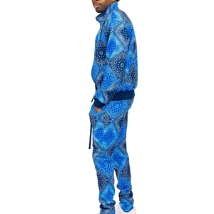 Survêtement pour homme bleu à imprimé géométrique, col montant, tenue décontractée respirante en polyester, idéal pour le printemps, avec poches latérales - Product Image 6