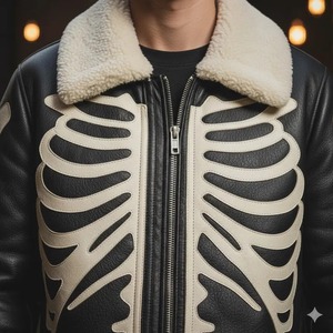 Blouson de motard en cuir et peau de mouton - Motif squelette osseux - Product Image 4