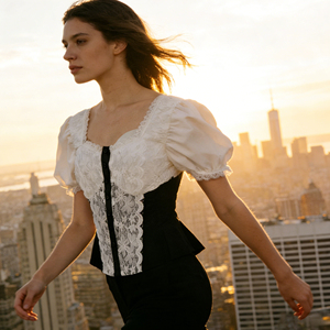 Oferta en Temu: Blusa Elegante con Parches de Encaje Blanco y Negro, Manga Abullonada, Cuello Cuadrado, Corte Ajustado, Estilo Casual Urbano para Mujer - Product Image 3
