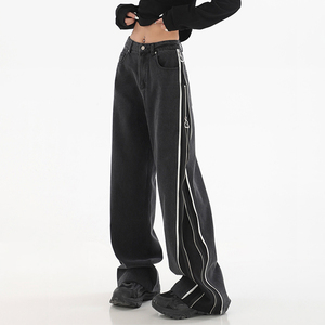 Pantalones vaqueros rectos de mezclilla estilo streetwear con múltiples bolsillos, pierna ancha, cintura alta, holgados, con cremallera, acampanados, vintage, para mujer, tipo cargo - Product Image 1