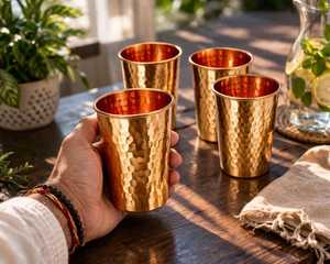 Ensemble de 4 gobelets en cuivre martelé, style vintage, tasses à boire, compatibles lave-vaisselle, pour les fêtes, par World Craft Impex - Product Image 1