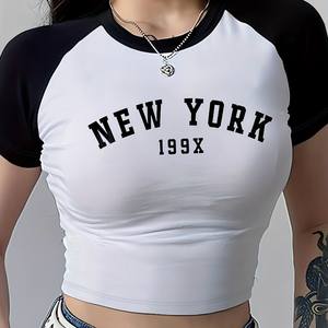 T-shirt décontracté pour femme, personnalisé, en gros, noir et blanc, imprimé contrasté, col rond, coupe ajustée, grandes tailles - Product Image 2