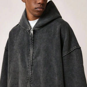 Sweat à capuche tendance délavé à l'acide avec fermeture éclair, style urbain, en molleton bouclé avec poches kangourou, respirant et coupe-vent 2026 - Product Image 3