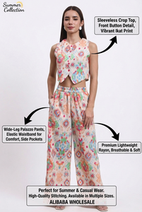 ชุดเซ็ตพิมพ์ลายสำหรับผู้หญิง เสื้อครอปแขนกุด กางเกงขายาวเอวสูง ชุดลำลองสองชิ้นสำหรับฤดูร้อน แฟชั่นทันสมัย - Product Image 6