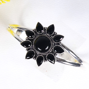 Wholesale 925 Sterling <b>Silver</b> Black Onyx Sunburst <b>Cuff</b> <b>Bracelet</b> Handcrafted Natural Gemstone Flower Bangle Jewelry for Women - Product Image 2