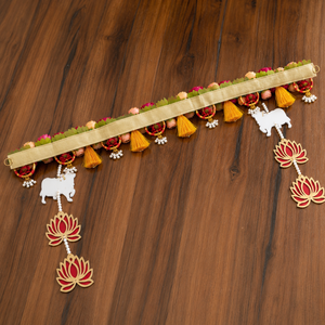 handmade Floral Door Toran with Cow Charms Lotus Hangings Yellow Tassels and Multicolor Flowers for Festival <b>Home</b> Decor Uses - Product Image 3