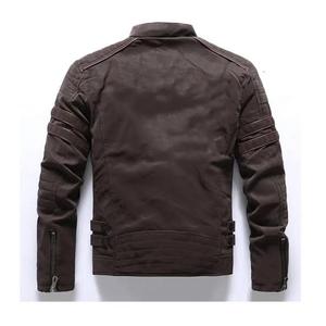 เสื้อแจ็คเก็ตหนัง PU สีน้ำตาลสำหรับผู้ชาย แบบรักษ์โลก สำหรับฤดูหนาว สไตล์นักขี่มอเตอร์ไซค์ คอตั้ง ปิดด้วยซิป กันลม ทรงเข้ารูป ความยาวปกติ สีพื้น - Product Image 4