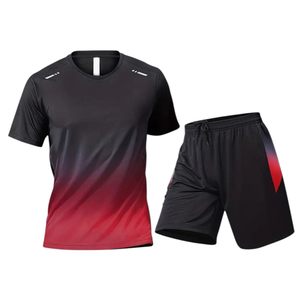 Premium Quality Training Outfit Set Stylish <b>Red</b>-Black Gradient Activewear Breathable Fabric Fitness Compression T-Shirt Shorts - Product Image 1