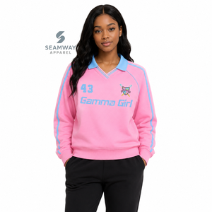 Sudadera de Rugby Universitaria para Mujer Gamma Phi Delta Sorority, Cuello Polo, Manga Larga, Bordada, Informal, Estilo Universitario - Product Image 5