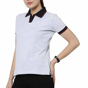 Polo pour femme gris clair uni à manches courtes, décontracté, 100% coton, tissu tricoté, longueur normale - Product Image 4