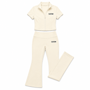 Conjunto de Yoga para Mujer, Top de Manga Corta con Cierre, Pantalones Acampanados de Cintura Alta, Ropa Deportiva, Conjunto de Yoga Elástico de 2 Piezas Personalizado OEM - Product Image 4