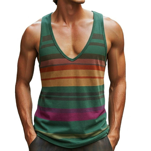 Wholesale Men's Striped Tank Top Deep V-Neck Sleeveless Muscle Tee Custom <b>Logo</b> Slim Fit Soft Cotton Blend Casual Beach Tank Tops - Product Image 2
