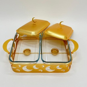 ถาดอุ่นอาหารทรงสี่เหลี่ยมแบบสองชั้นเคลือบทองหรูหรา พร้อมลายพระจันทร์เสี้ยวและฝาแก้ว สำหรับงานบุฟเฟ่ต์ในเดือนรอมฎอน - Product Image 5