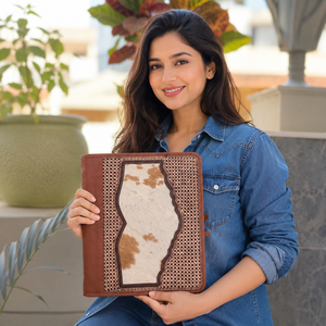 Large Capacity Hand Tooled Zipper Lock Business Portfolio Binder Manufacture Cowhide Leather <b>Document</b> <b>Folder</b> With Card Holder - Product Image 3