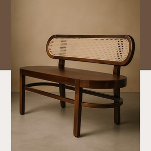 Elegant Mid Century Modern <b>Wooden</b> <b>Bench</b> with Woven Cane Backrest Perfect for Stylish Entryway Home Decor - Product Image 1