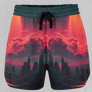 Pantalones cortos estampados para hombre con cordón en la cintura, pantalones cortos informales de secado rápido, patrón de horizonte urbano rojo - Product Image 1