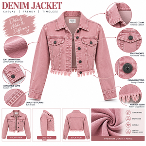 Chaqueta vaquera rosa corta para mujer, estilo camionero, manga larga, color liso, cuello vuelto, dobladillo deshilachado, para primavera - Product Image 4