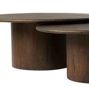 Luxury Solid Teak <b>Nesting</b> Round <b>Coffee</b> <b>Table</b> <b>Set</b> Durable Pedestal Base Rustic Natural Grain and Space Saving Design - Product Image 5