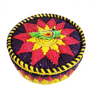 Cestas Multifuncionales de Hierba Natural Moonj, Cesta de Almacenamiento con Tapa, Diseño Redondo, Cesta de Almacenamiento Ecológica - Product Image 1