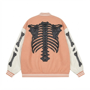 Service de personnalisation : Blouson Bomber Varsity avec applique squelette pêche, manches en laine/viscose, style streetwear hip-hop vintage pour homme - Product Image 2