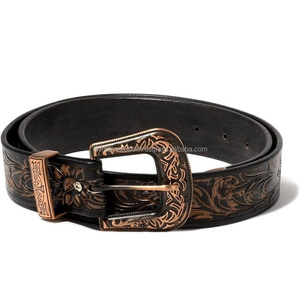 Ceinture d'outillage en cuir de style occidental pour hommes, sculptée à la main, design personnalisé, avec boucle et boucle de designer en cuivre plaqué 3 pièces - Product Image 2