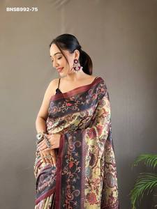 Party Wear Best Quality Cotton with Weaving & Multi-Digital Kalamkari Prints <b>Saree</b>-<b>Blouse</b> Collection Online Shopping India - Product Image 4