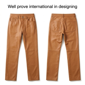 Premium <b>Men's</b> Winter High Waist Zipper Fly Sheepskin <b>Leather</b> Motorcycle <b>Trousers</b> Custom Debossed Patch Hardware Laser Print Grey - Product Image 3