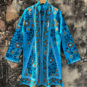 Handcrafted Breathable Cotton <b>Kantha</b> Suzani Embroidered Stand Collar Long <b>Jacket</b> Ethnic Boho Chic Casual Layering Outerwear - Product Image 1