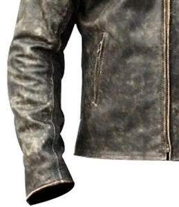 Blouson de moto en cuir véritable pour homme, col montant, fermeture éclair, noir délavé, style motard, pour l'automne - Product Image 5