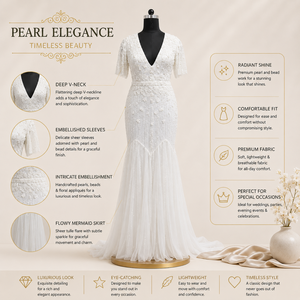 Luxury Pearl Embellished Mermaid Bridal Gown Elegant White V Neck Wedding Dress Premium Lace Beaded Formal Evening Maxi Dress - Product Image 5