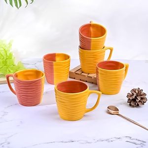 Versatile Wavy Glazed Ceramic <b>Tea</b> <b>Cup</b> Set Red & Yellow with <b>Large</b> Capacity & Microwave Safe Featuring Flowered Pattern (Set 2) - Product Image 1