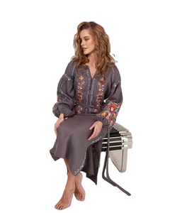 Alta moda ucraniano bordado Puff Vestido de manga larga pantorrilla abertura lateral Midi Club Wear bodas europeo hecho tela duradera - Product Image 1