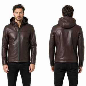 Custom Brown Hooded Genuine <b>Real</b> <b>Leather</b> <b>Jacket</b> Men Winter High Quality Outerwear Regular Fit classic streetwear - Product Image 4