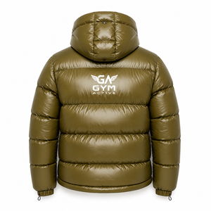 Gym Active Unisex Hooded Puffer <b>Jacket</b> Olive <b>Green</b> PU <b>Waterproof</b> Windproof Winter Casual Quilted Cotton Filled Zipper Front Logo - Product Image 2