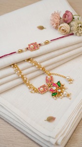 New Elegant Handcrafted Premium Designer Floral Pink Meenakari Lotus Kundan Rakhi Set for Brother and Bhabhi - Product Image 3