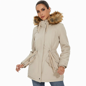 Veste longue matelassée marron pour femme avec capuche à bordure en fourrure, fermeture éclair sur toute la longueur des manches, coupe-vent, manteau d'hiver - Product Image 5