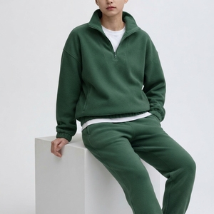 Sudadera Unisex de Forro Polar con Cierre de Cremallera, Color Verde Sólido, Estilo Holgado, Cuello Alto, Largo Regular, para Otoño - Product Image 5
