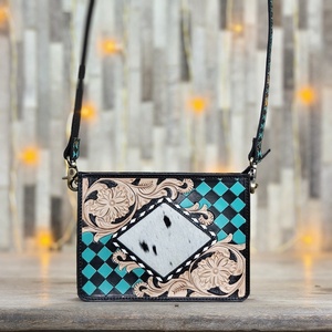 2026 Hot Selling Vintage Genuine Leather <b>Mini</b> Sling <b>Bag</b> Trendy Turquoise <b>Black</b> Checkered Cowhide Crossbody Handbag Single Strap - Product Image 1