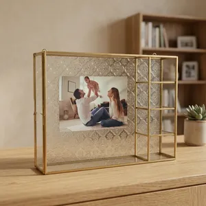 Modern Gold Metal Storage <b>shelf</b> With Carved Glass Panel Rectangle <b>Standing</b> and hanging Type For Living Room picture fram - Product Image 1