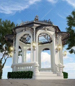 Classic Round Garden Pavilion With Stained Glass Dome Cast Iron <b>Frame</b> White Weather Resistant Outdoor Structure - Product Image 2