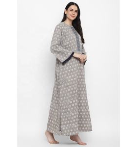 Floral Gris Ecológico 100% Algodón Lounge Wear Dibujado a mano Impreso Cremallera Detalle Lavable Cómodo Media manga Hasta el suelo - Product Image 1