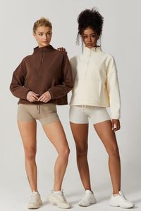<b>Women</b> Oversized Cream <b>Quarter</b>-<b>Zip</b> <b>Sweatshirt</b> Full Sleeve Stand Collar Solid Color Knitted Breathable Autumn Wear - Product Image 6