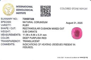 Rubí Natural de Birmania de 5.00 Quilates, Corte Cojín, RBHO-13 - Product Image 6