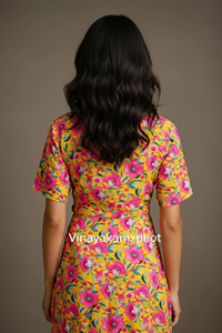 Vestido Maxi Casual con Estampado Floral Elegante en Amarillo Vibrante, Cuello en V, 100% Algodón, con Cintura Ajustable y Mangas Cortas - Product Image 5