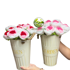 Tige de fleur artificielle au crochet faite à la main, bourgeon rose, branche florale tricotée pour centre de table de mariage, décoration intérieure, fournitures cadeaux - Product Image 1