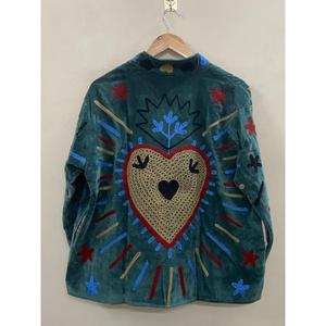 Hand Embroidered <b>Velvet</b> Knitted Cotton <b>Jacket</b> <b>Women</b> Mandarin Collar Full Sleeve Floral Pattern Open Front Prairie Winter/Spring - Product Image 5