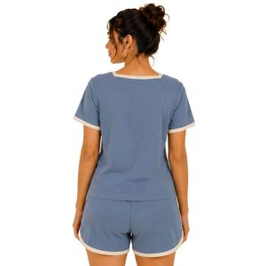 Blue And Ivory Women Two Piece Shorts Set Square Neck Button <b>Top</b> <b>Cat</b> Umbrella Print Casual Summer Cotton Lounge Wear Outfit - Product Image 2